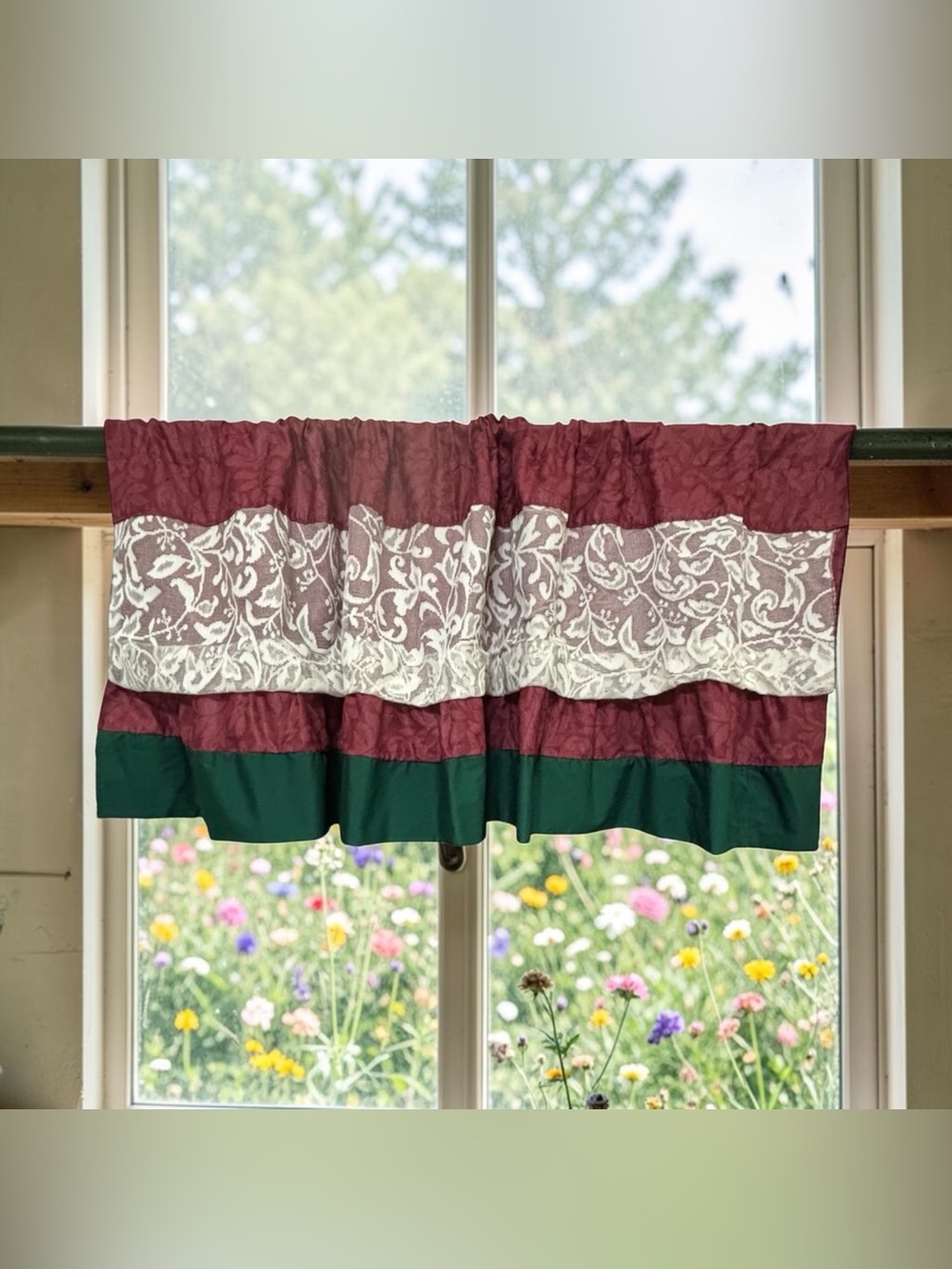 Vint Country Home Valance Ruffle Curtain Multi Tier Burgundy Lace Hunter Green